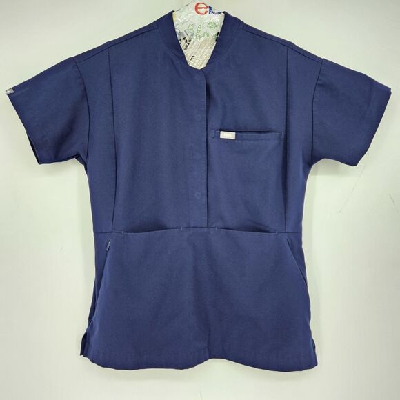 Figs Scrub Top Womens Small Snap Button Healthcare Nurses Uniforms Navy Blue - Picture 1 of 10